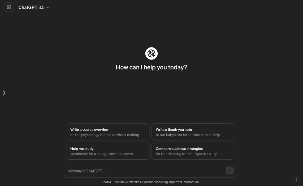 Screenshot of the ChatGPT Homescreen